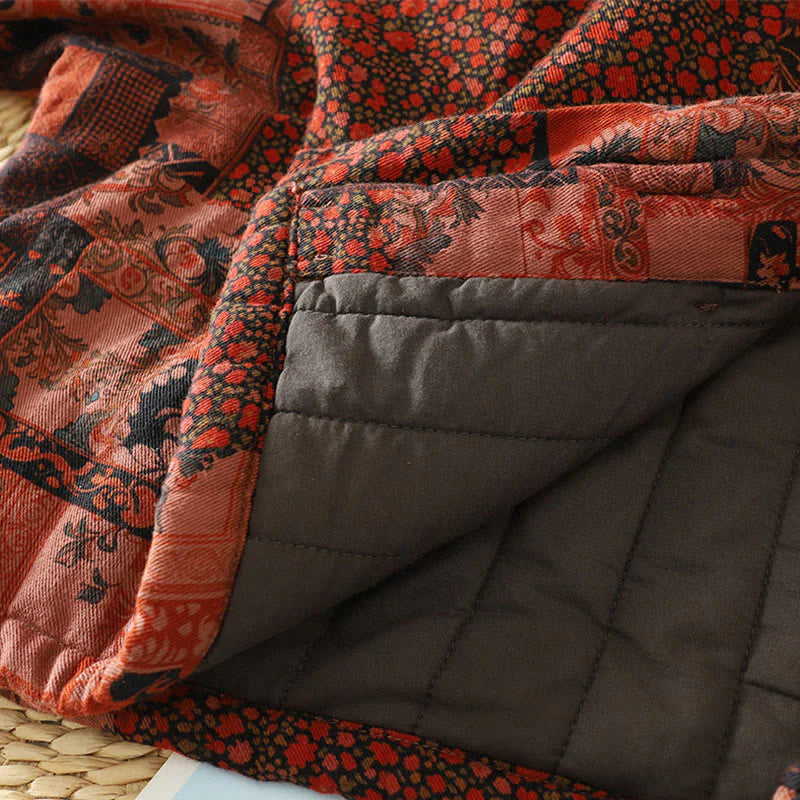 Buddha Stones Women's Ethnic Floral Long Sleeve Frog-buttons Cotton Thermal Jacket