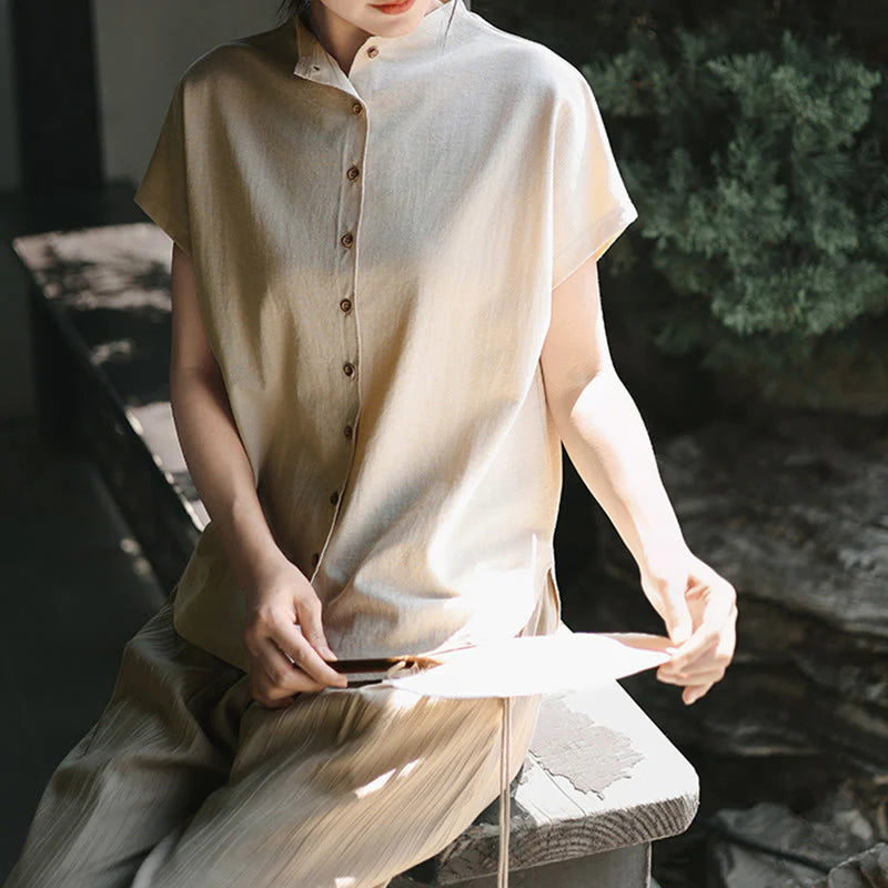 Buddha Stones Vintage Buttons Design Stand Collar Cotton Short Sleeve Women's Shirt