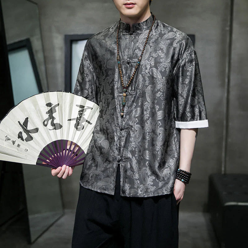 Buddha Stones Summer Cashew Flowers Pattern Men's Frog-Button Half Sleeve Shirts