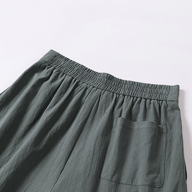 Buddha Stones Plain Straight Leg Zipper Design Men's Cotton Linen Pants With Pockets