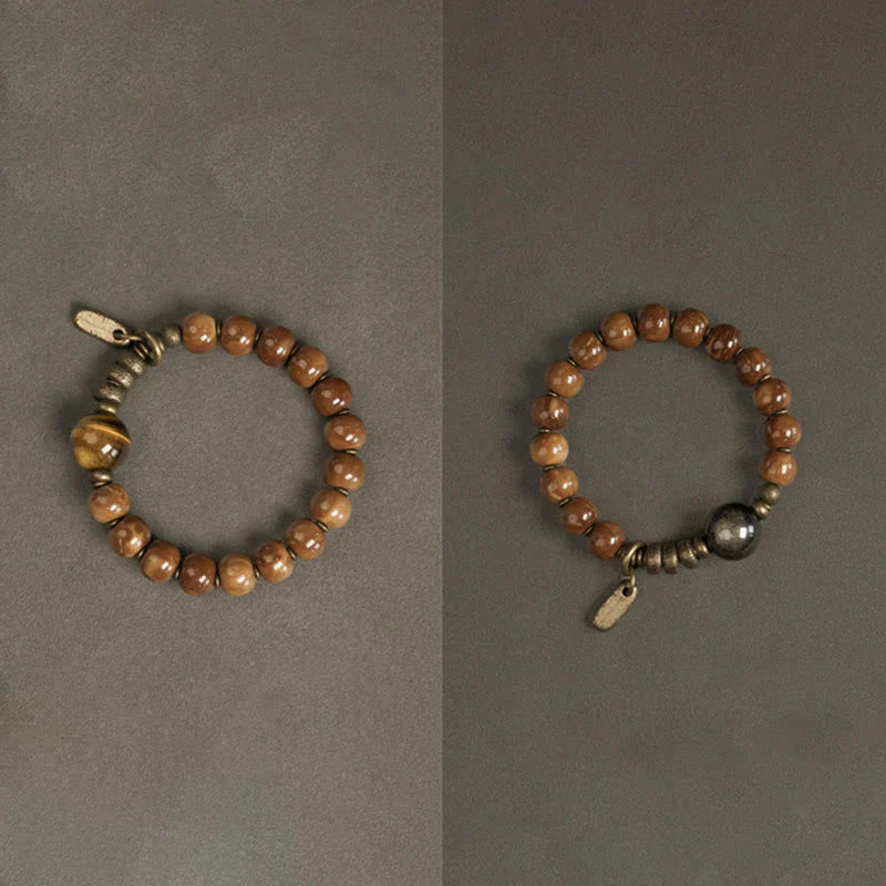 Buddha Stones Kuka Seed Tiger Eye Gold Sheen Obsidian Brass Copper Wealth Luck Bracelet