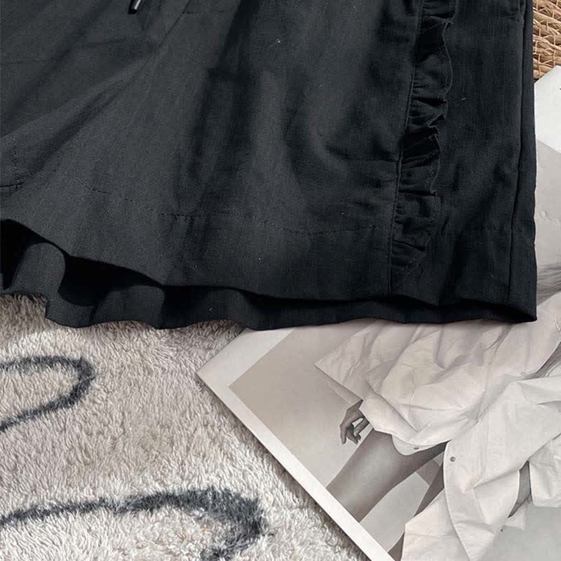Buddha Stones Summer Drawstring Ruffle Elastic Waist Women's Shorts With Pockets