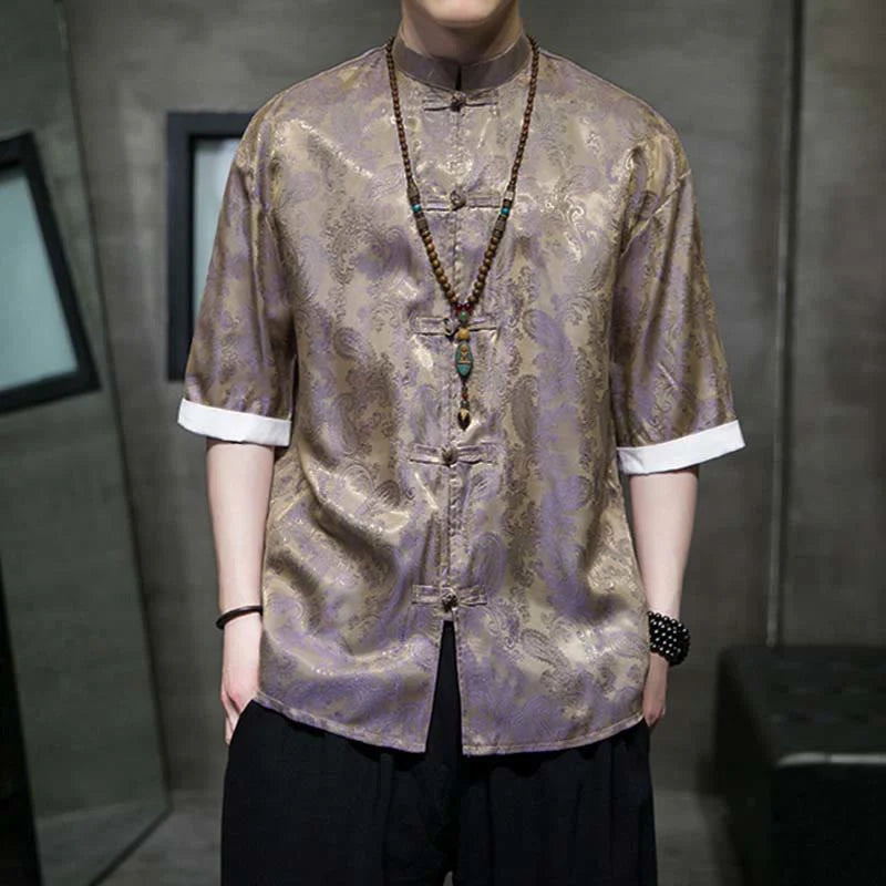 Buddha Stones Summer Cashew Flowers Pattern Men's Frog-Button Half Sleeve Shirts