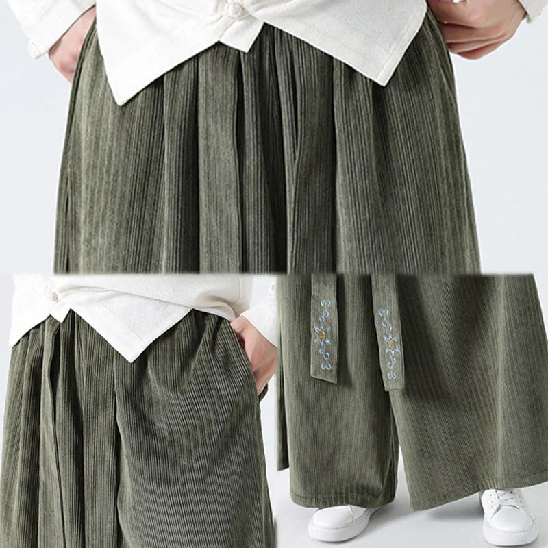 Buddha Stones Casual Embroidery Drawstring Design Men's Corduroy Wide Leg Pants With Pockets
