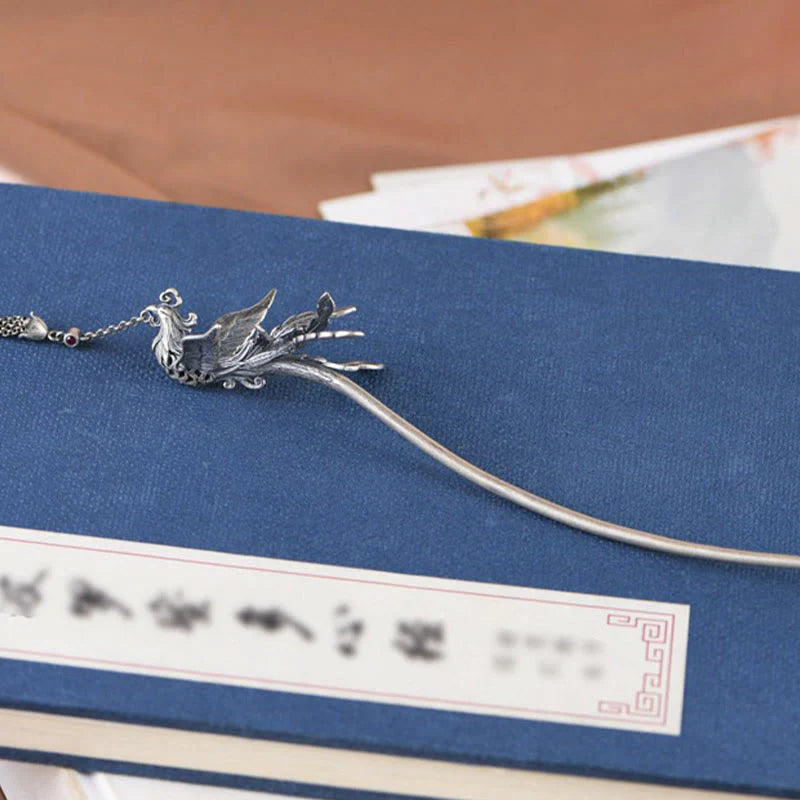 Buddha Stones 925 Sterling Silver Phoenix Tassels Protection Hairpin