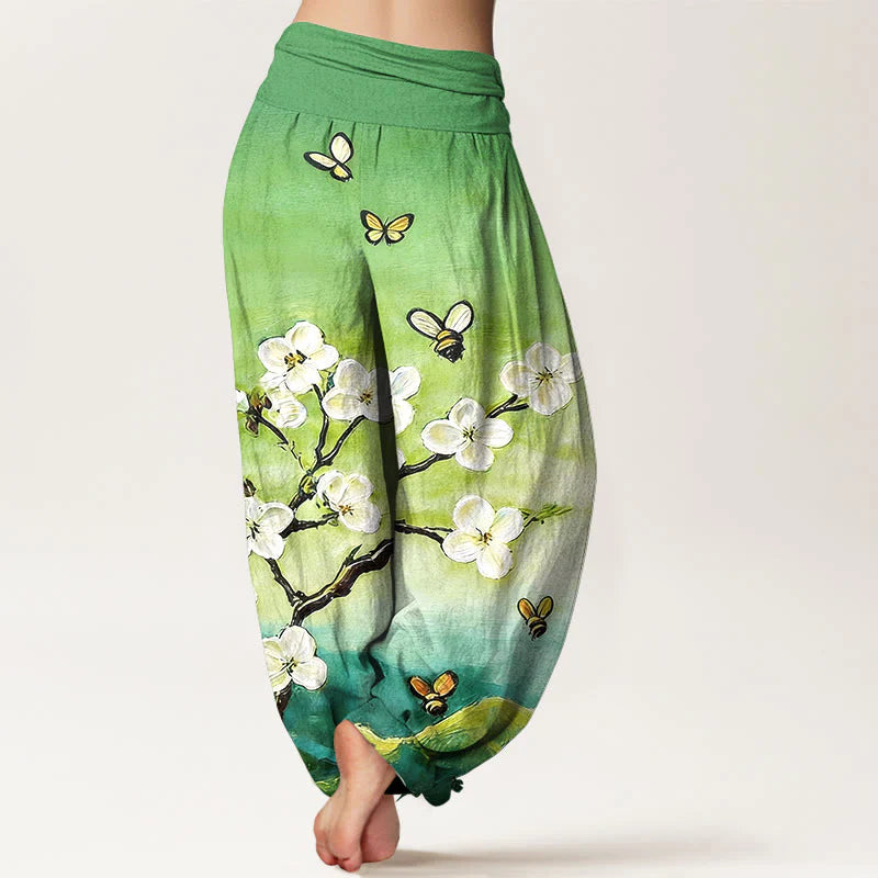 Buddha Stones Cotton Colourful Flower Butterfly Bee Pattern Women's Elastic Waist Harem Pants