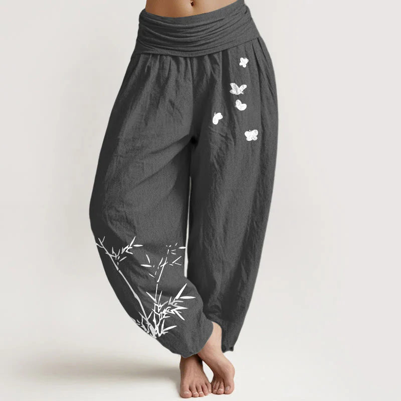 Buddha Stones Pure Cotton Concise Bamboo Butterfly Pattern Women's Elastic Waist Harem Pants