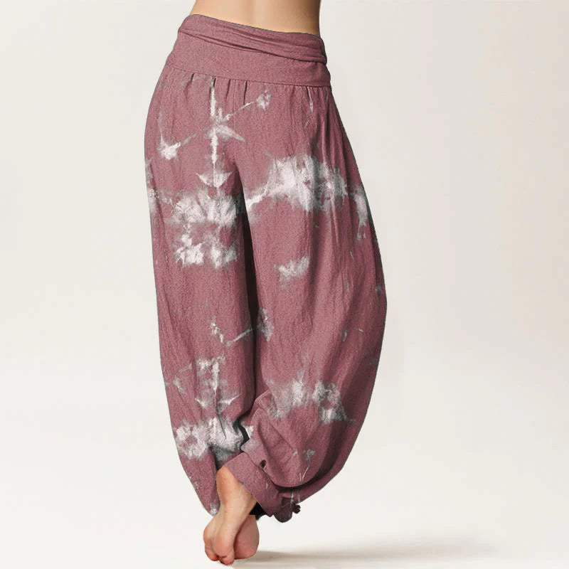 Buddha Stones Pure Cotton White Lines Spots Tie-Dye Pattern Women's Elastic Waist Harem Pants