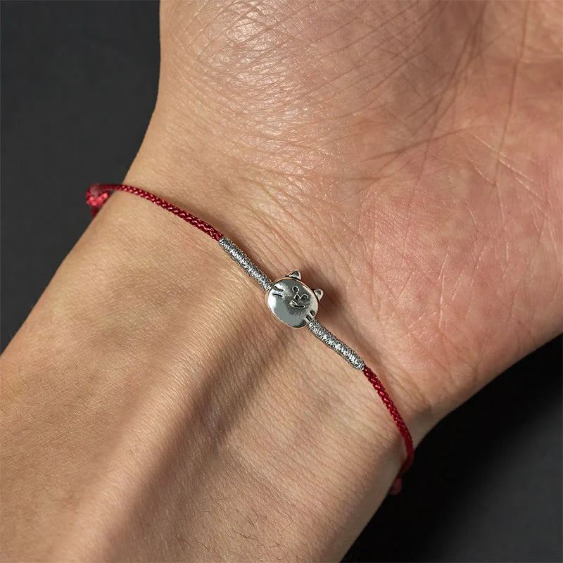 Buddha Stones 925 Sterling Silver Cute Cat Red String Braided Bracelet