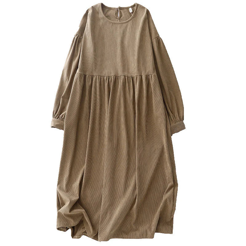Buddha Stones Tan Solid Color Corduroy Puff Long Sleeve Midi Dress