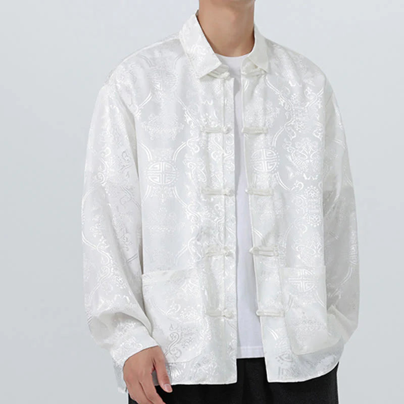 Buddha Stones Spring Jacquard Lapel Long Sleeve Men's Tang Suit Frog-Button Jacket With Pockets