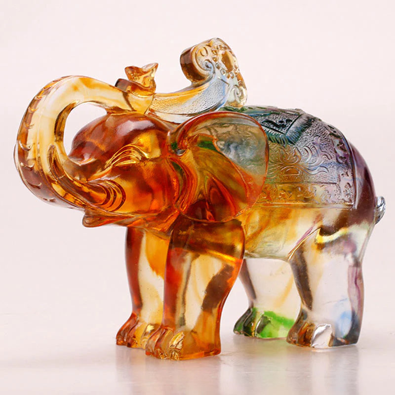 Buddha Stones Handmade Liuli Crystal Elephant Art Piece Wisdom Wealth Home Decoration