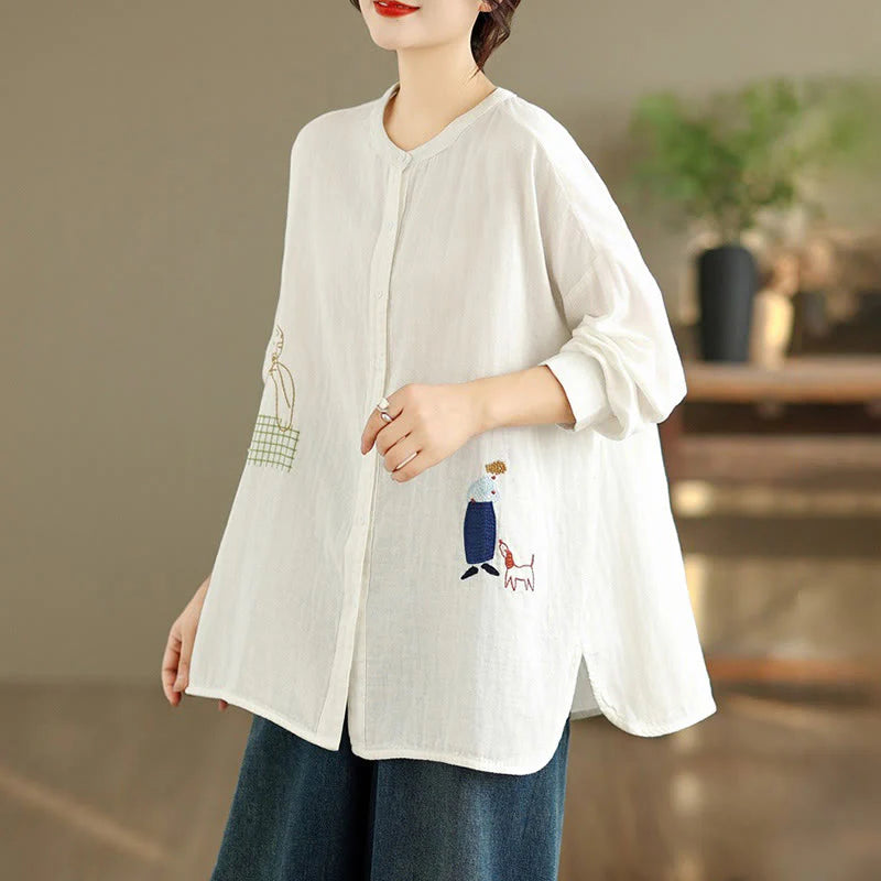 Buddha Stones Fall Embroidery Human Figure Dog Pattern Round Neck Buttons Women's Long Sleeve Shirt