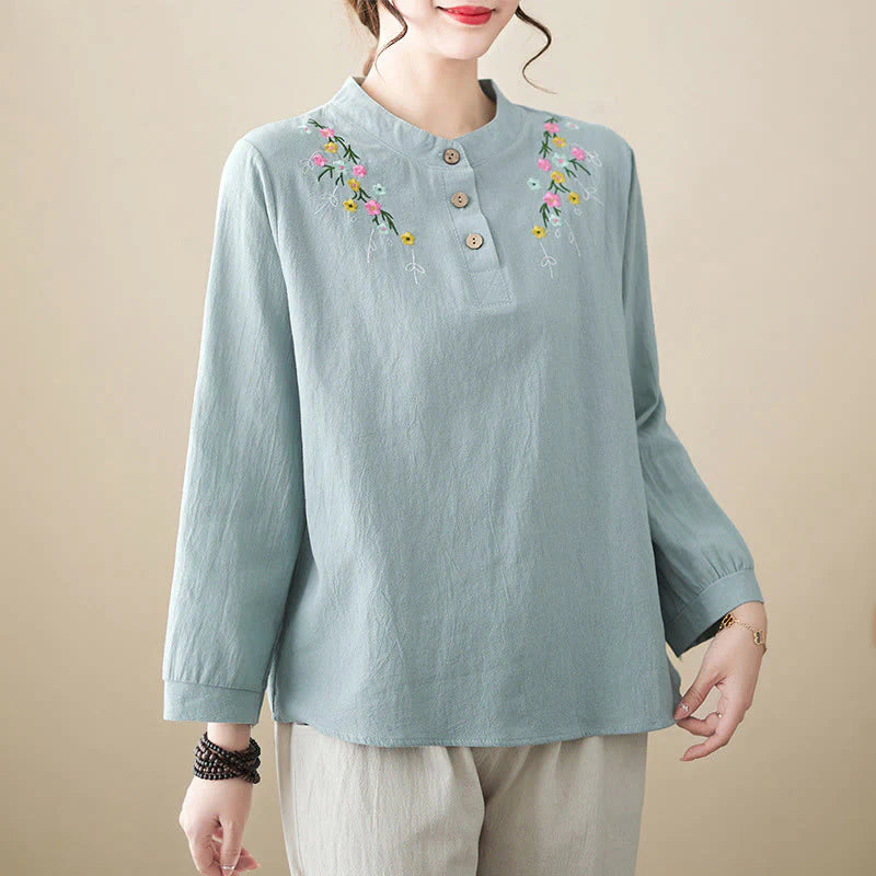 Buddha Stones Women's Spring Embroidered Flower Pattern Stand Collar Long Sleeve Cotton Shirt