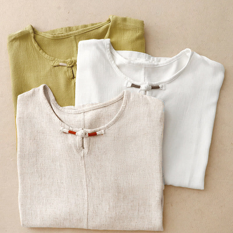 Buddha Stones Colorblock Side Slit  Frog-Button Cotton Linen Half Sleeve Women's Shirt With Pockets