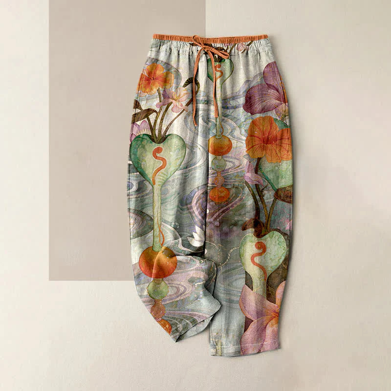 Buddha Stones Flower Pattern Drawstring Elastic Waist Women's Cotton Pants With Pockets