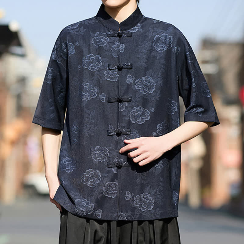 Buddha Stones Retro Frog Buttons Mandarin Collar Floral Jacquard Men's Short Sleeve Shirt
