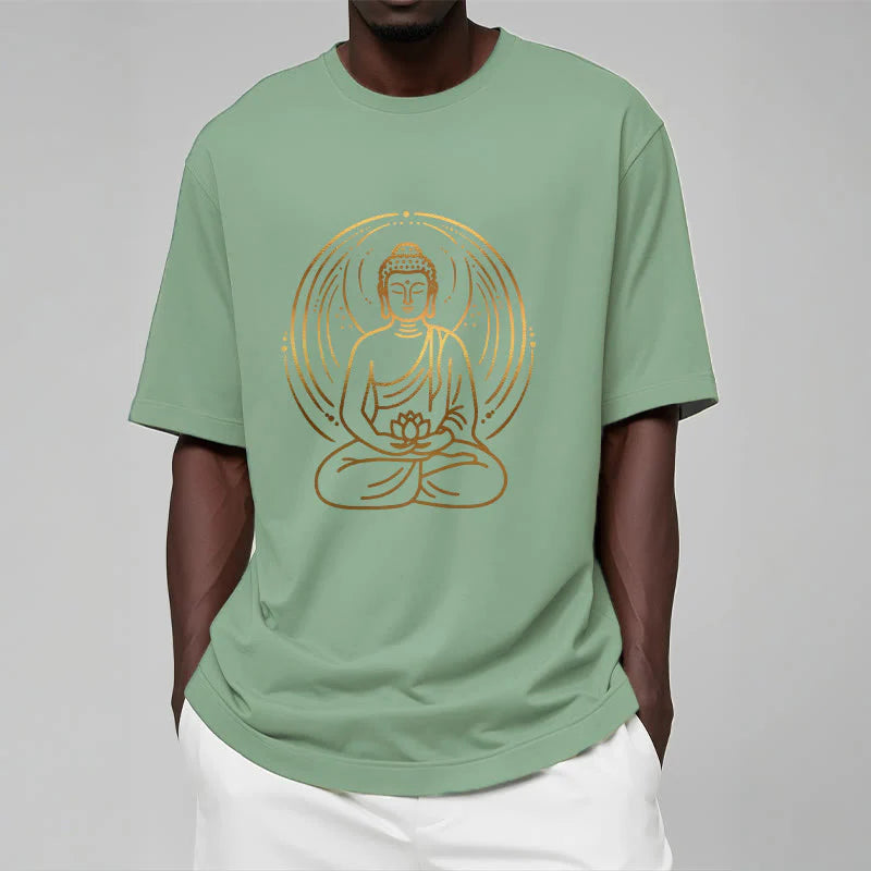 Buddha Stones Golden Meditation Buddha Halo Holding A Lotus Flower Tee T-shirt