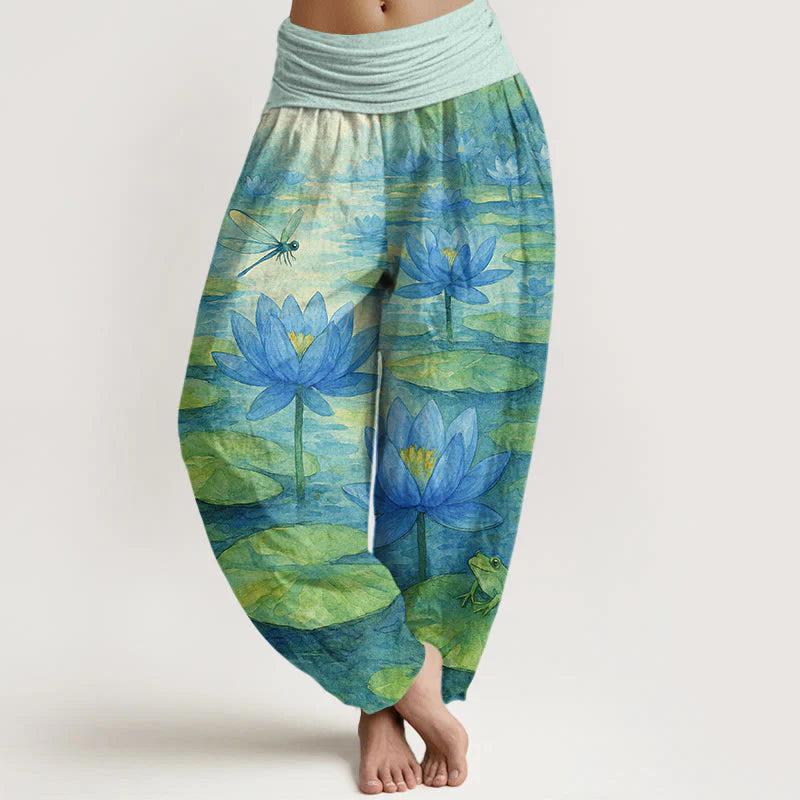 Buddha Stones Pure Cotton Fresh Elegant Lotus Flower Leaf Dragonfly Frog Pattern Women's Elastic Waist Harem Pants