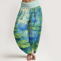 Buddha Stones Pure Cotton Fresh Elegant Lotus Flower Leaf Dragonfly Frog Pattern Women's Elastic Waist Harem Pants