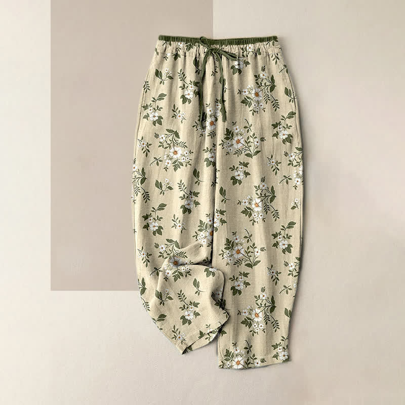 Buddha Stones Pure Cotton Ditsy Floral Elastic Waist Women's Pants With Pockets