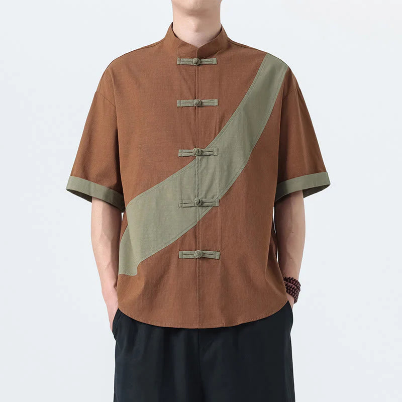 Buddha Stones Spring Color Contrast Chinese Frog-Button Design Men's Half Sleeve Cotton Linen Shirt