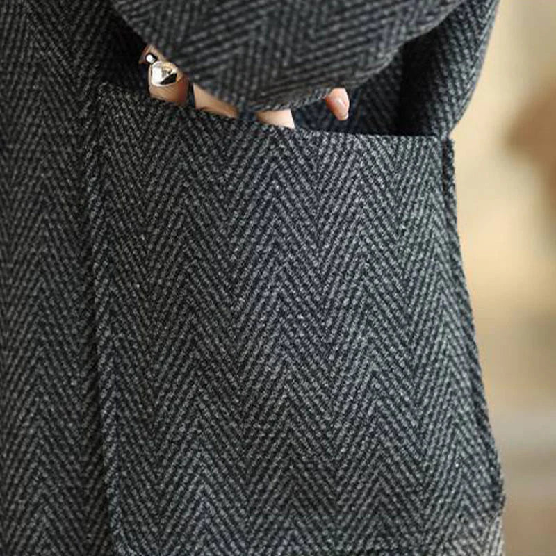 Buddha Stones Stripe V-Neck Cotton Long Sleeve Women's Coat With Pockets