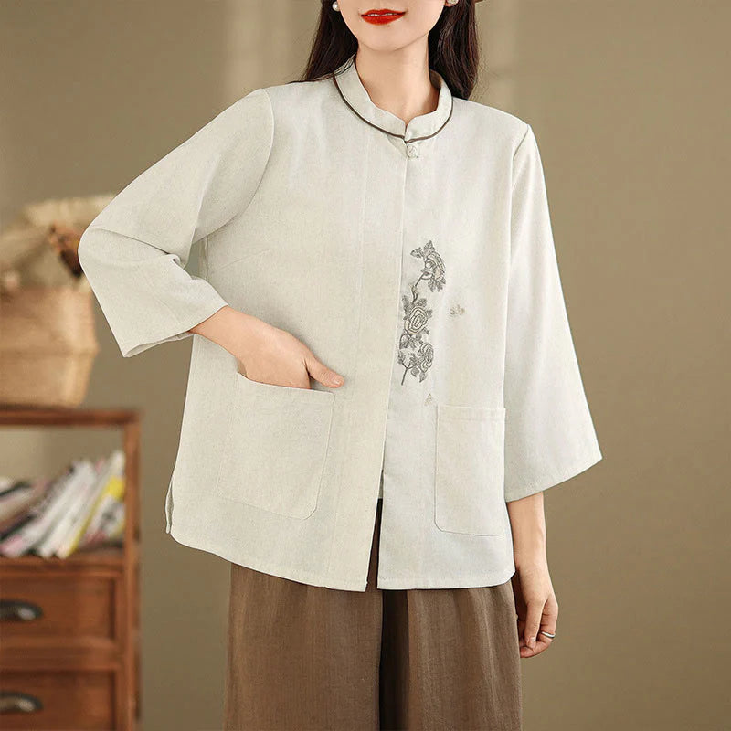 Buddha Stones Commute Embroidery Floral Pattern Three Quarter Sleeve Women's Cotton Shirt With Pockets