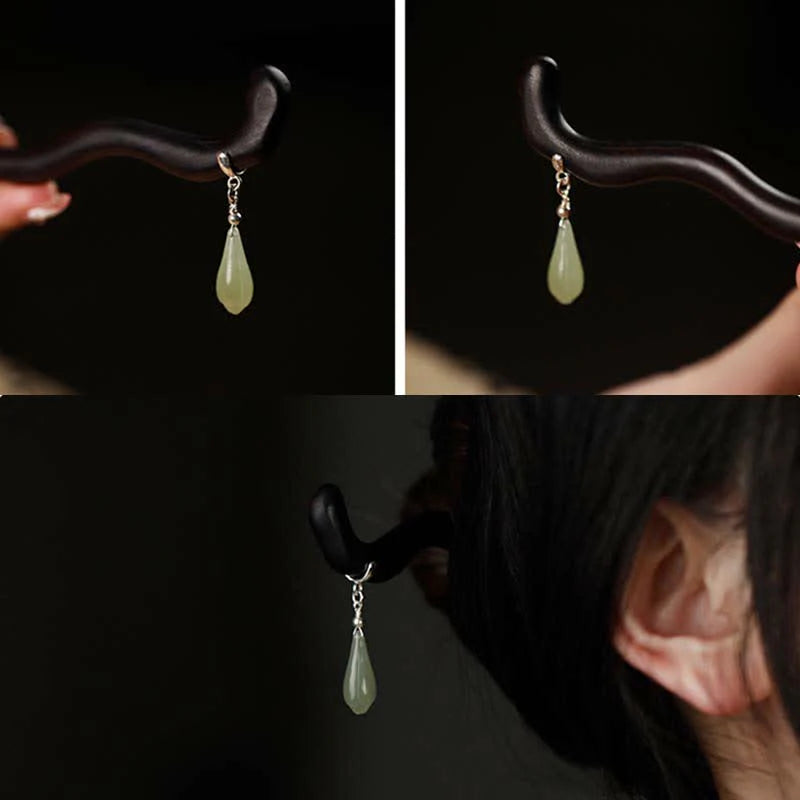 Buddha Stones 925 Sterling Silver Natural Hetian Jade Ebony Wood Luck Charm Hairpin