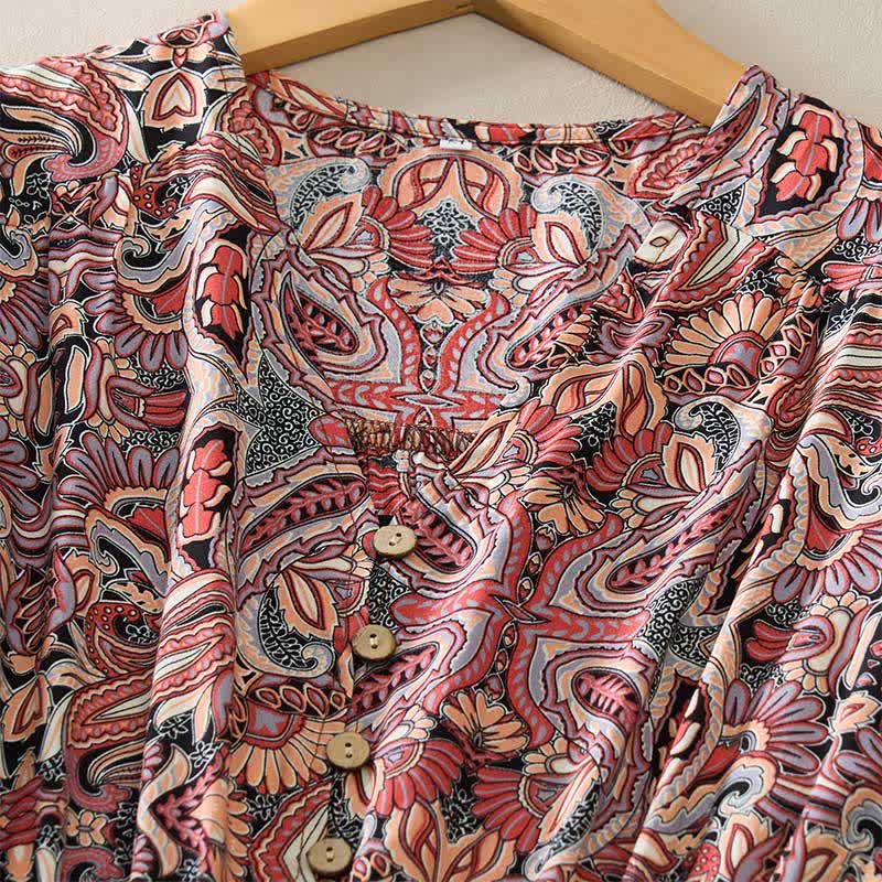 Buddha Stones Summer Peacock Paisley Tie Waist Viscose Lantern Sleeves Maxi Dress