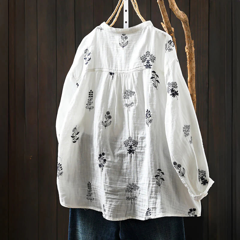 Buddha Stones Floral Embroidery Buttons Down Long Sleeve Women's Cotton Shirt