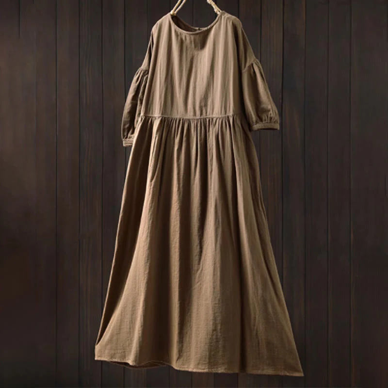 Buddha Stones Summer Solid Color Crew Neck Half Sleeve Cotton Midi Dress With Pockets