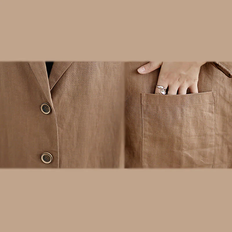 Buddha Stones Casual Fall Buttons Design Lapel Women's Cotton Linen Coat With Pockets