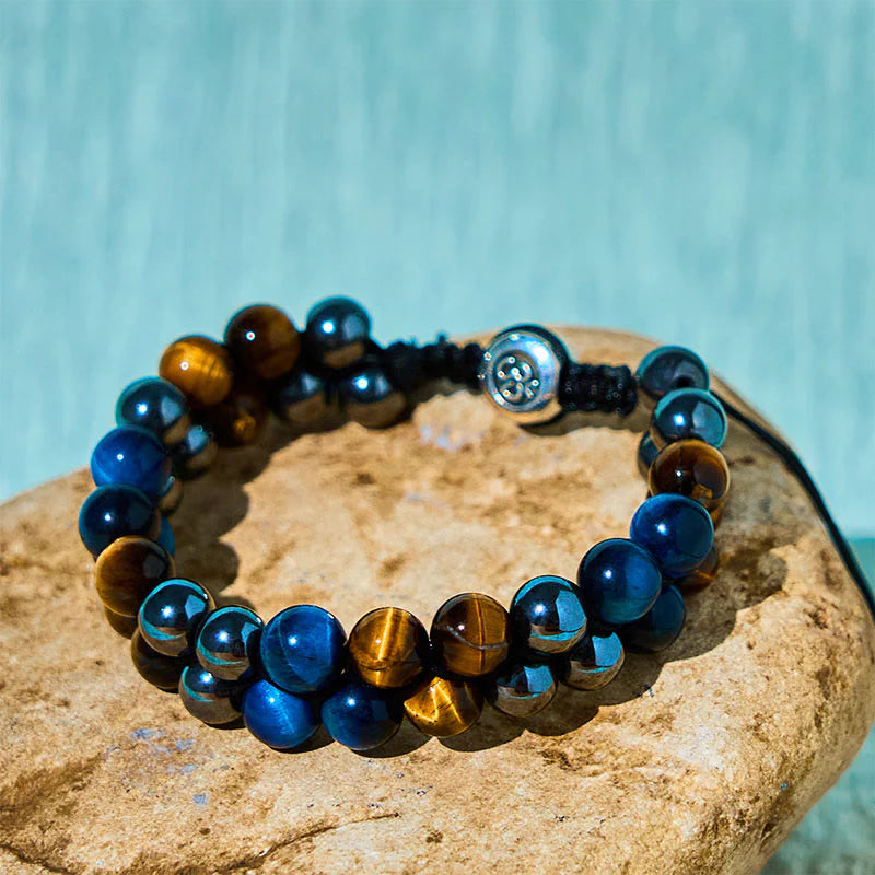 Buddha Stones Natural Blue Tiger Eye Black Magnetite Om Pattern Double Row Beads Strength Bracelet