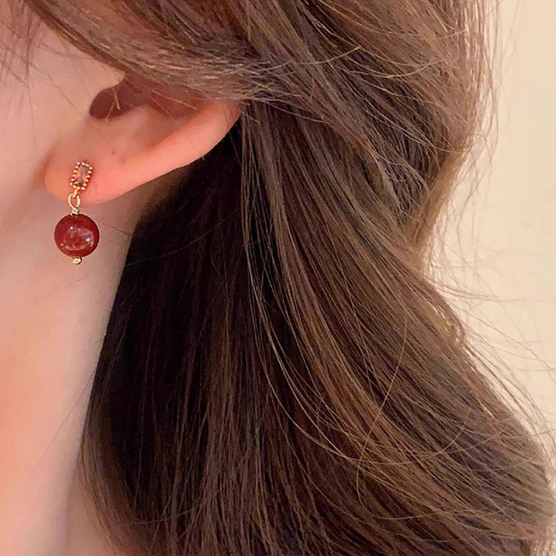 Buddha Stones 925 Sterling Silver Posts 14K Gold Filled Cinnabar Bead Zircon Calm Earrings