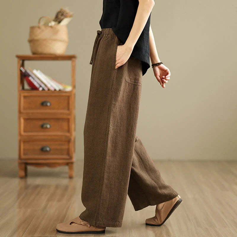 Buddha Stones Commute Retro Solid Color Women's Harem Drawstring Cotton Pants With Pockets