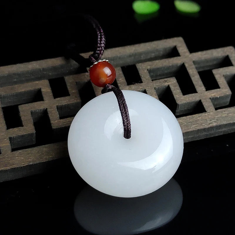 Buddha Stones Round Hetian White Jade Peace Buckle Blessing Necklace Pendant (Extra 30% Off | USE CODE: FS30)