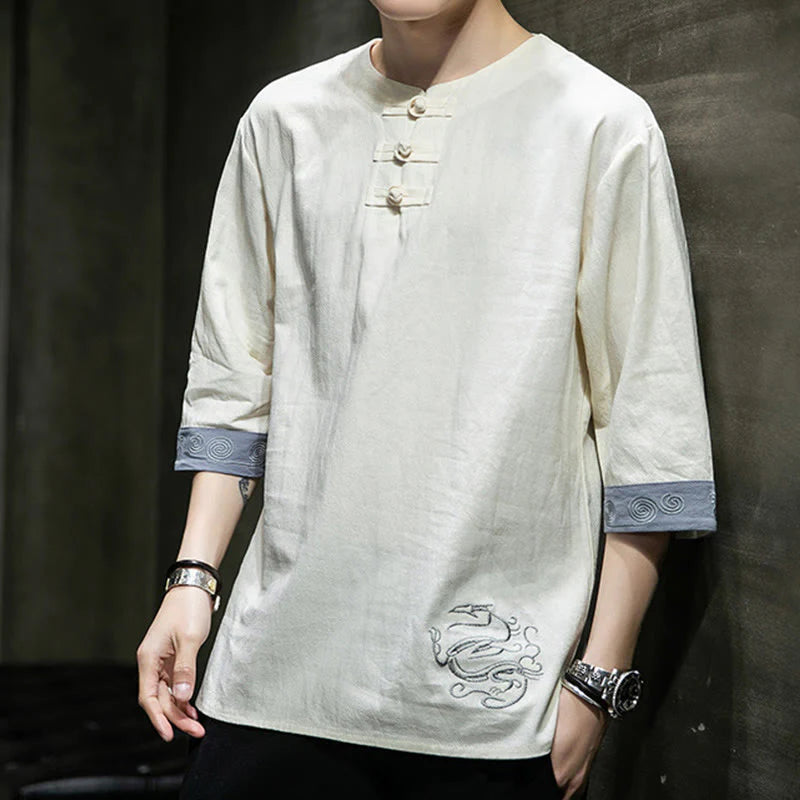 Buddha Stones Summer Embroidery Plain Frog-Button Men's Crew Neck Half Sleeve Cotton Linen Shirt Clothing