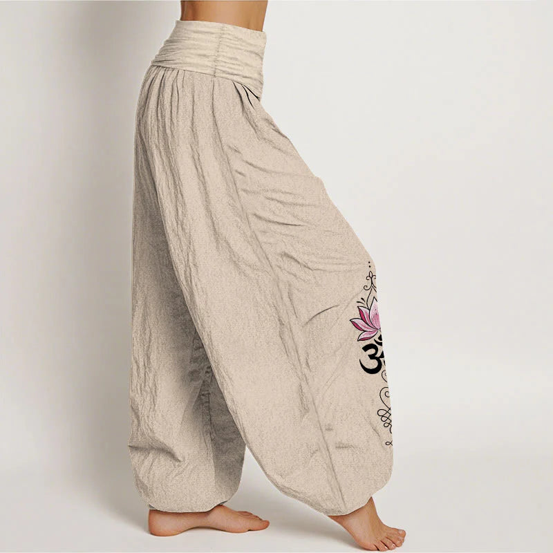 Buddha Stones Cotton OM Sanskrit Design Lotus Flower Pattern Women's Elastic Waist Harem Pants