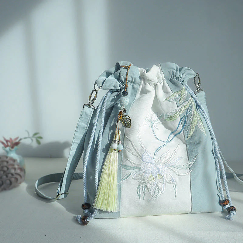 Buddha Stones Embroidered Green Pear Blue Epiphyllum Canvas Tote Crossbody Bag Shoulder Bag Handbag