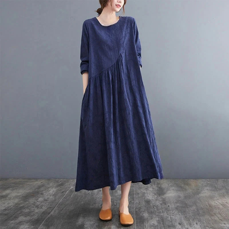 Buddha Stones Smiple Jacquard Pattern Long Sleeve Cotton Linen Women's Midi Dress With Pockets