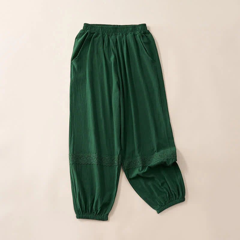 Buddha Stones Summer Retro Lace Patchwork Desgin High Waist Women's Tapered Capri Pants With Pockets