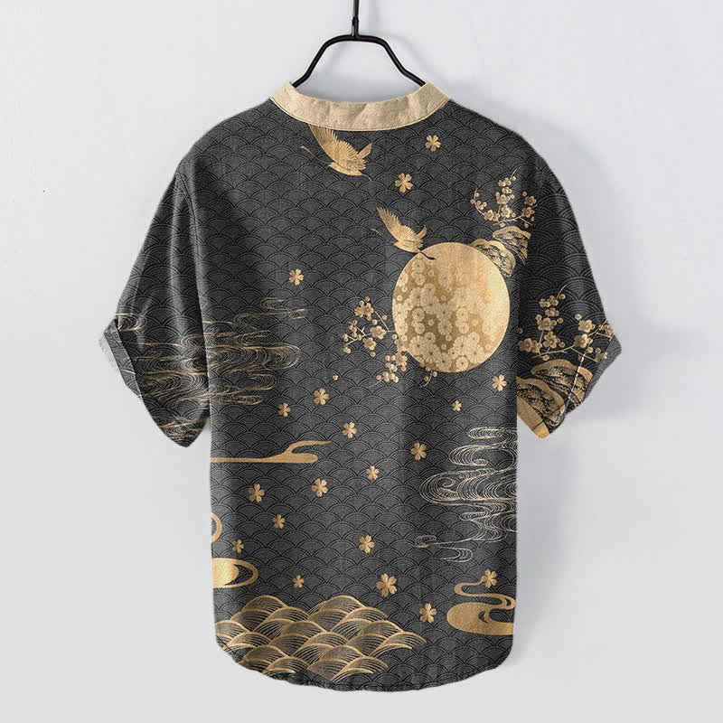 Buddha Stones Cotton Plum Blossom Full Moon Crane Emblem Men's Short Sleeve Half Button Shirt
