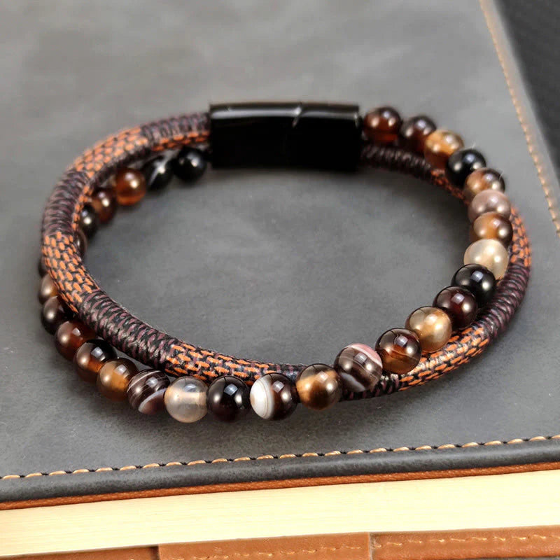 Buddha Stones Sardonyx Double Wrap Braided Leather Success Bracelet