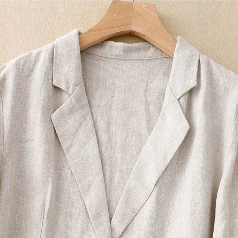 Buddha Stones Commute Retro Pure Color Lapel Cotton Linen Women's Jacket With Pockets