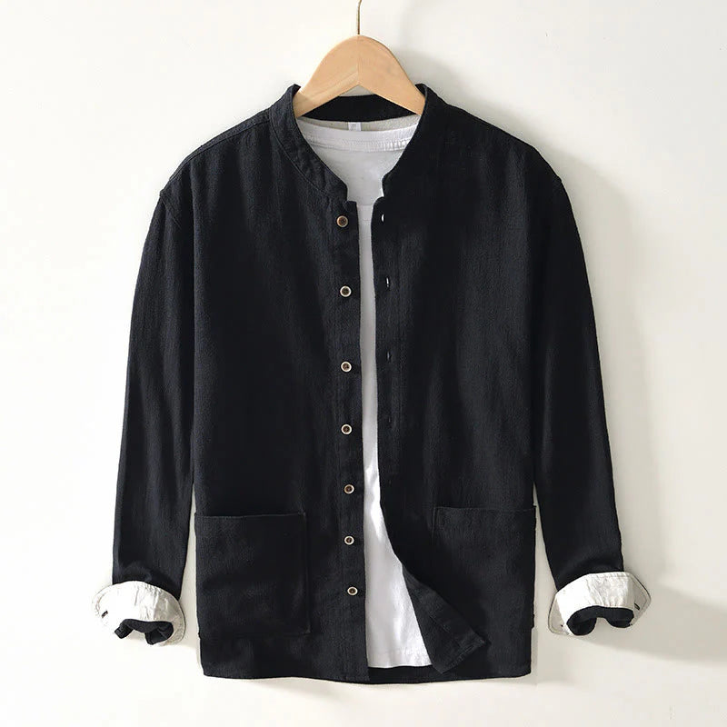 Buddha Stones Solid Color Men's Buttons Long Sleeve Cotton Linen Shirt With Pockets