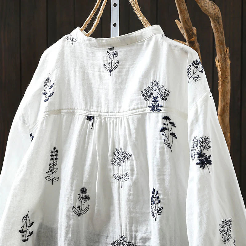Buddha Stones Floral Embroidery Buttons Down Long Sleeve Women's Cotton Shirt