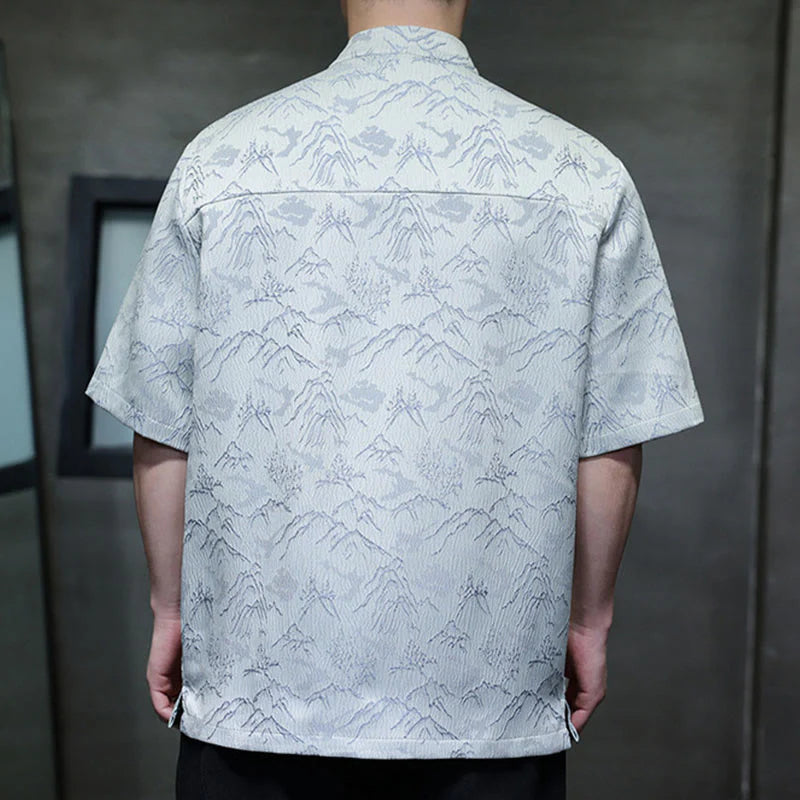 Buddha Stones Summer Mountain Pattern Jacquard Chinese Frog-Button Cotton Short Sleeve Men's Shirt