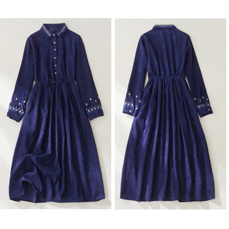 Buddha Stones Embroidered Floral Pattern Lace-up Design Long Sleeve Midi Dress With Pockets