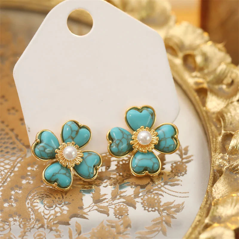 Buddha Stones Turquoise Love Heart Flower Copper Healing Stud Earrings